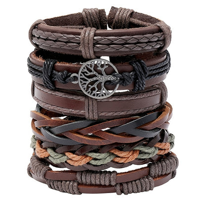 6pcs Retro Funky Men'S Alloy Combination Life Tree Faux Leather Braided Bracelet - Antique Golden Plated, Pendant Material: Alloy, Brand: HUANMING