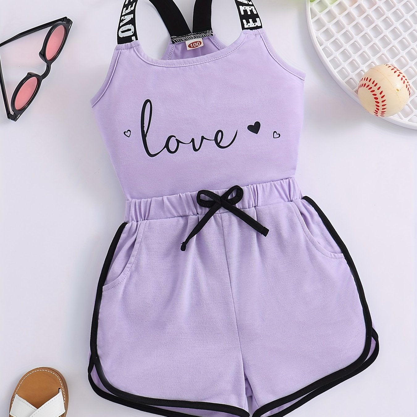 2pcs Toddler Girls Heart And "LOVE" Graphic Letter Tape Cami Top & Bow Contrast Binding Track Shorts Set Kids Summer Clothes