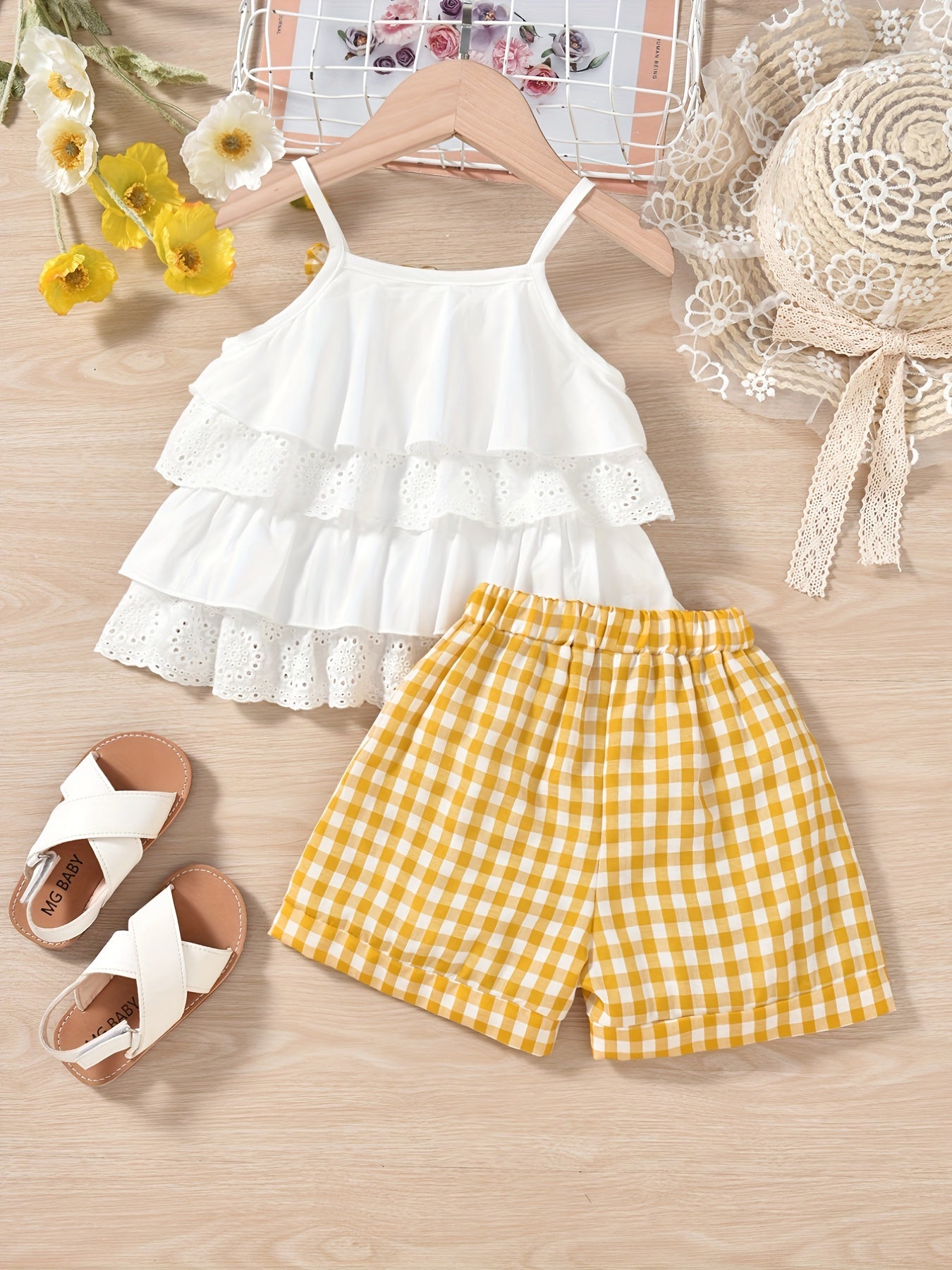 2pcs Ruffles Cami Top & Elastic Waist Plaid Shorts Set - Girls Summer Clothes with Flower Hollow Bow