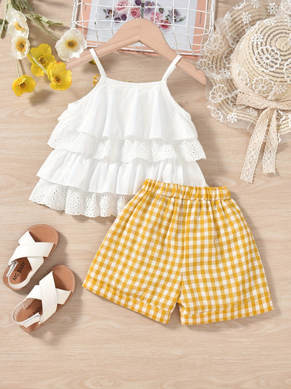 2pcs Ruffles Cami Top & Elastic Waist Plaid Shorts Set - Girls Summer Clothes with Flower Hollow Bow