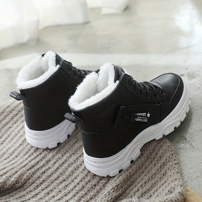 Women'S K2001 High-Top Winter Boots - Stylish White Lace-Up with Faux Fur Lining, Waterproof PVC Sole, Casual All-Season Footwear, Casual Winter Boots|Faux Fur Lined Boots|Laceup Boots
