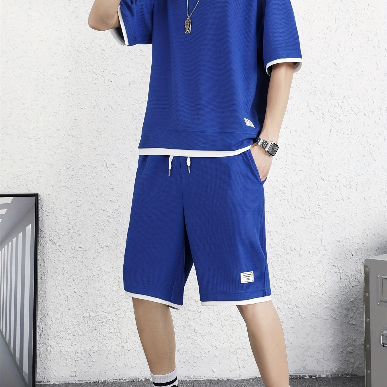 Men's 2 Piece Outfits, Solid Color, Faux Two-Piece Casual Graphic Crew Neck T-shirt And Loose Drawstring Shorts Set, Men’s Clothing