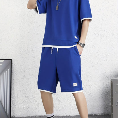 Men's 2 Piece Outfits, Solid Color, Faux Two-Piece Casual Graphic Crew Neck T-shirt And Loose Drawstring Shorts Set, Men’s Clothing