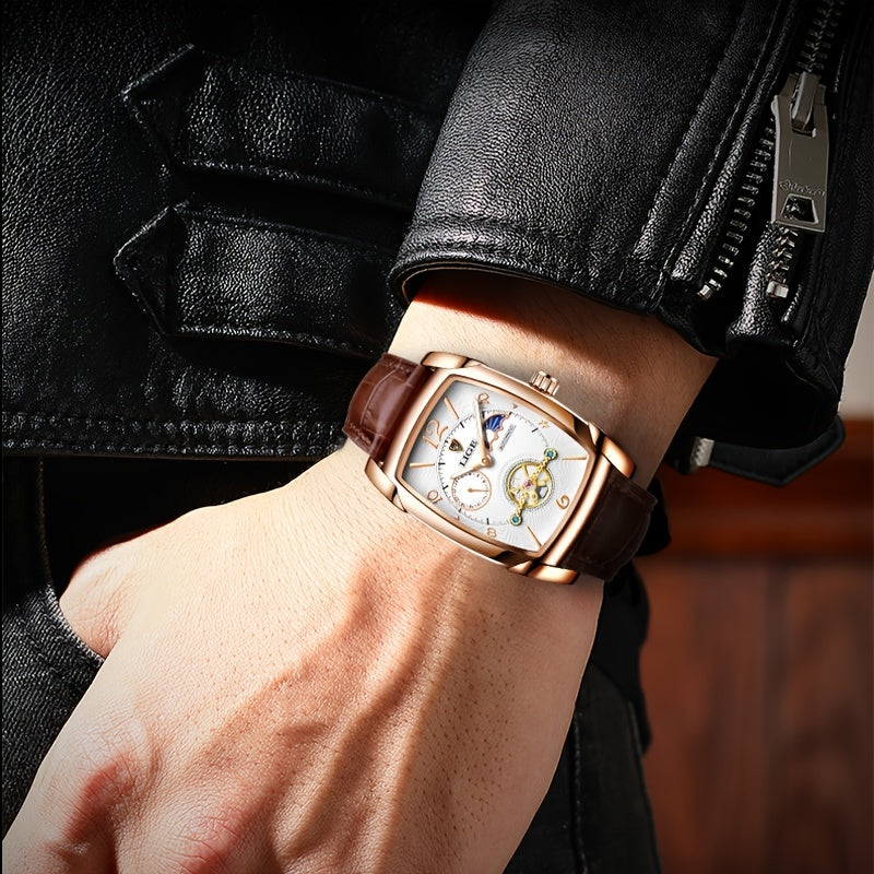 LIGE 2023 Vintage-Inspired Mechanical Men's Watch – Waterproof, Rectangular Leather Timepiece, Perfect Gift