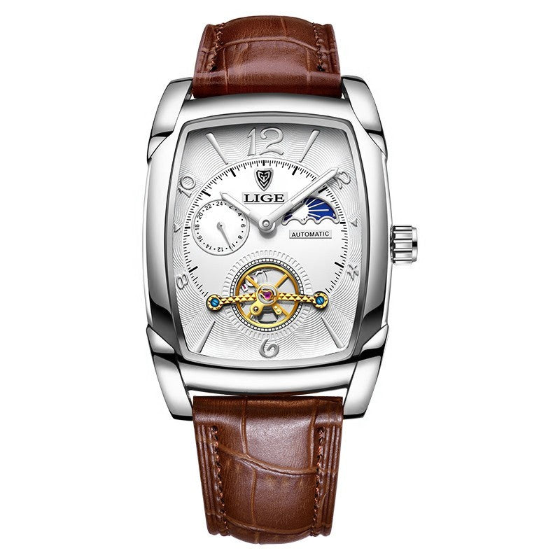 LIGE 2023 Vintage-Inspired Mechanical Men's Watch – Waterproof, Rectangular Leather Timepiece, Perfect Gift