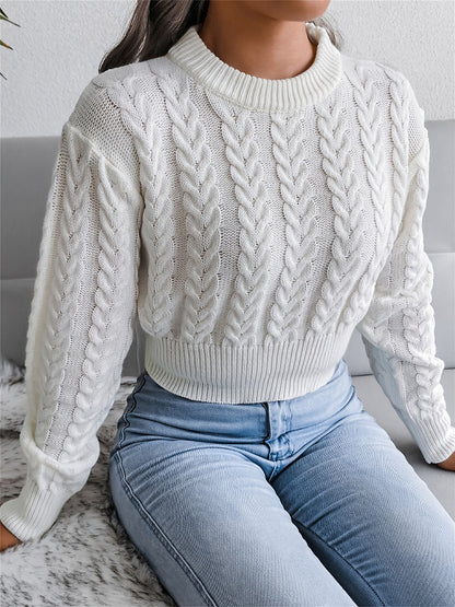 Cable Crew Neck Crop Sweater, Casual Waist Long Sleeve Fall Winter Knit Crop Sweater, Women's Clothing
