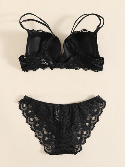 Romantic Lace Embroidery Lingerie Set - Soft & Breathable Push-Up Bra with Sheer Panty - Perfect Seductive Valentines Gift for Her - Womens Comfortable Intimate Wear