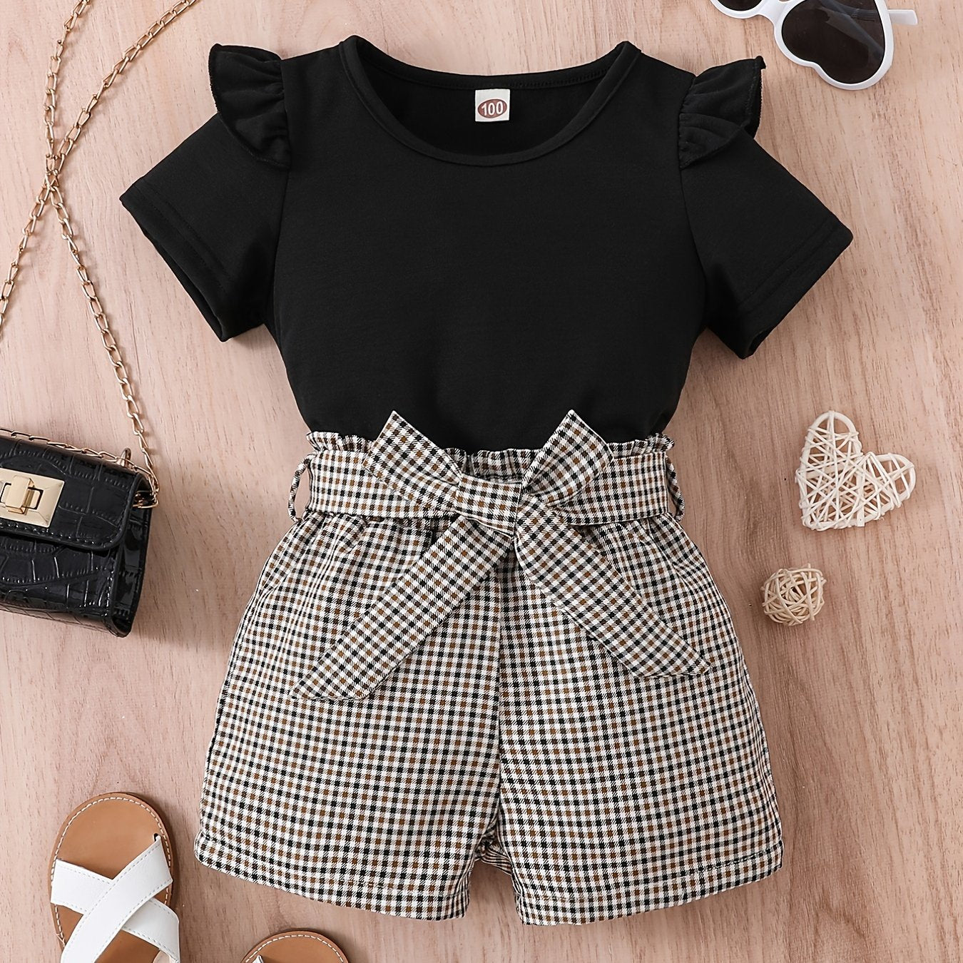 2pcs Girls Round Neck T-Shirt Ruffles Short Sleeves Tee Tops & Belted Plaid Shorts Set Summer Clothes