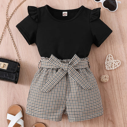 2pcs Girls Round Neck T-Shirt Ruffles Short Sleeves Tee Tops & Belted Plaid Shorts Set Summer Clothes