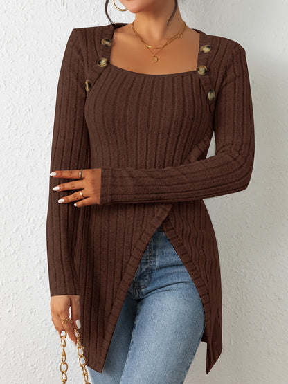 Button Decor Asymmetrical Hem T-Shirt, Casual Ribbed Long Sleeve Top For Spring & Fall, Women's Clothing