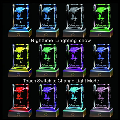 1pc 3D Rose Crystal LED Color Lamp, Unique Anniversary Gift for Mother's Day, Birthday, Girlfriend, Wife, Mother, Friendship Love Commemoration