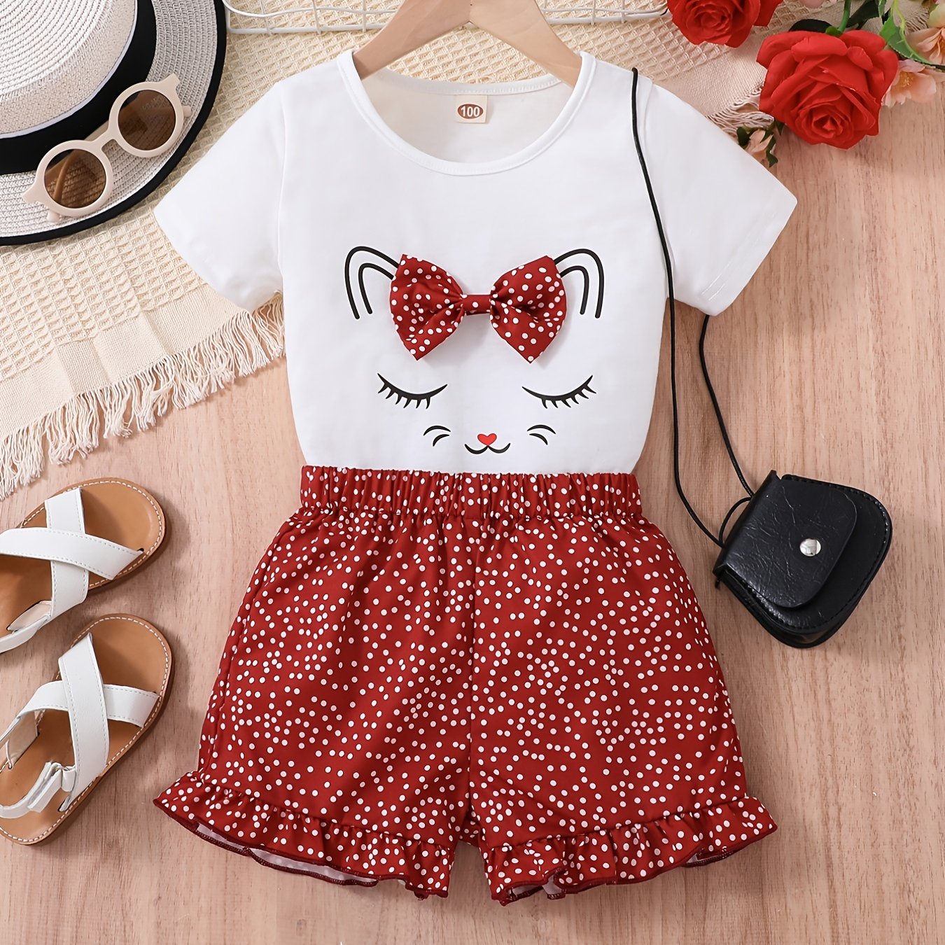 2pcs Girls Cute Cat Graphic Bow T-Shirts Round Neck Short Sleeve Tees Top & Elastic Waist Polka Dots Ruffled Hem Shorts Set Kids Summer Clothes