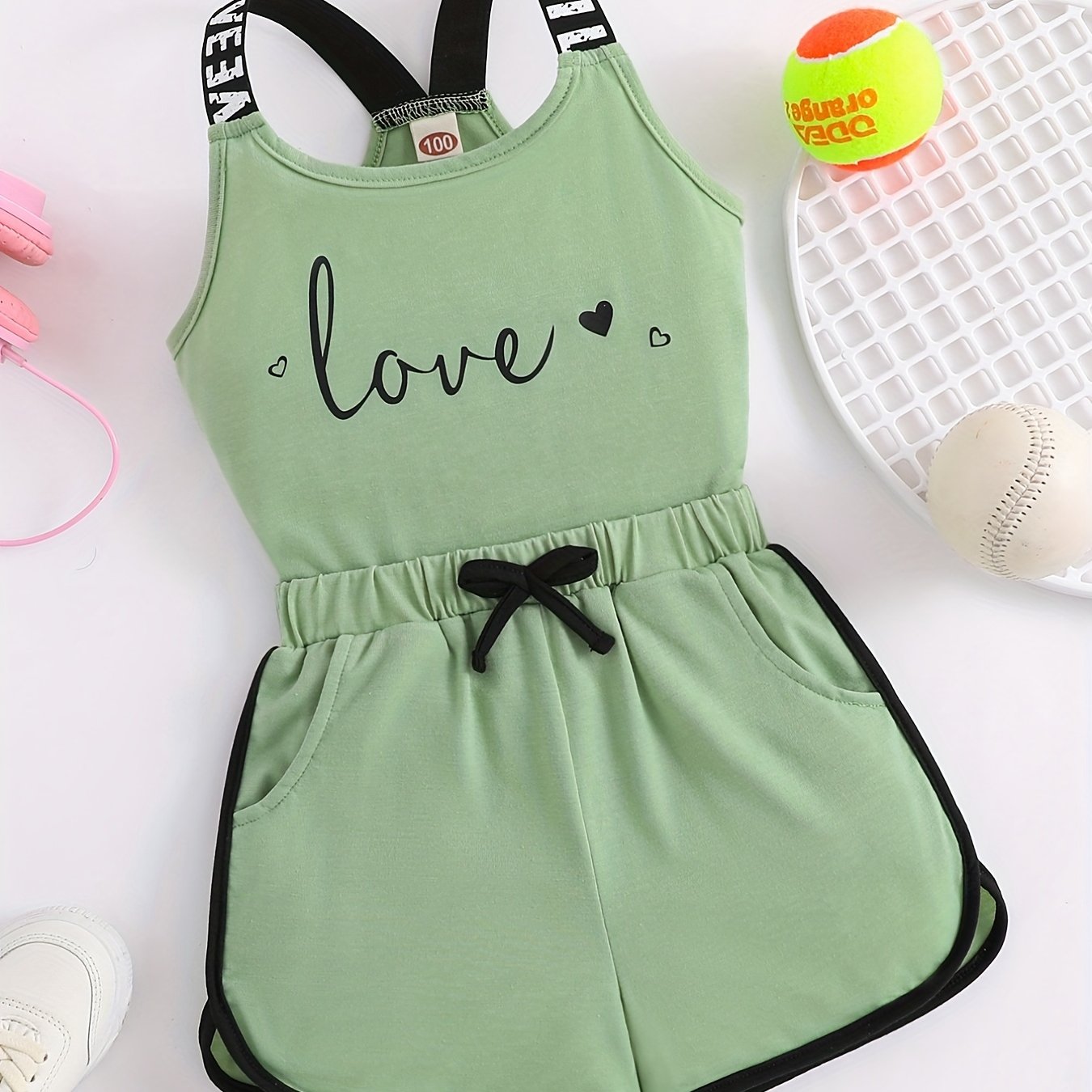 2pcs Toddler Girls Heart And "LOVE" Graphic Letter Tape Cami Top & Bow Contrast Binding Track Shorts Set Kids Summer Clothes