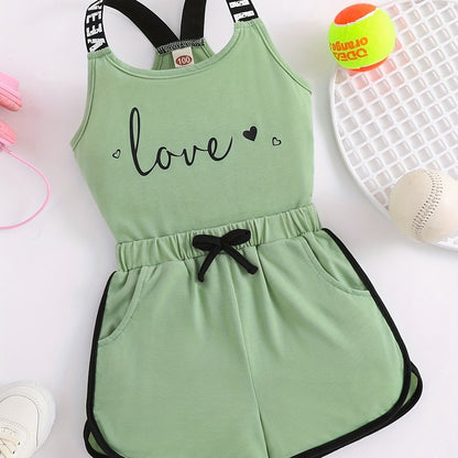 2pcs Toddler Girls Heart And "LOVE" Graphic Letter Tape Cami Top & Bow Contrast Binding Track Shorts Set Kids Summer Clothes