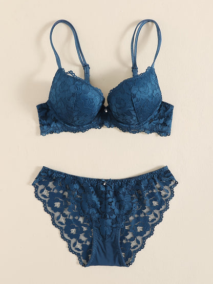 Romantic Lace Embroidery Lingerie Set - Soft & Breathable Push-Up Bra with Sheer Panty - Perfect Seductive Valentines Gift for Her - Womens Comfortable Intimate Wear