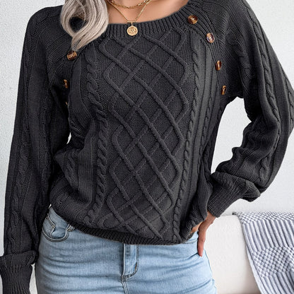 [Texture Lantern Sleeve Sweater] Round Neck Texture Lantern Sleeve Women's Sweater - Button Sweater