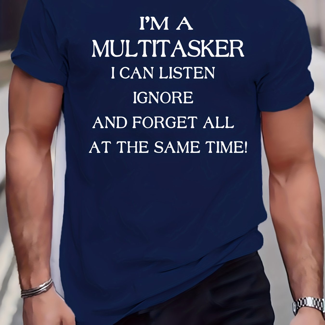 Men's Plus Size Beige T-Shirt - "I'm a Multitasker" Humorous Print, Casual Mid-Stretch Crew Neck, Short Sleeve, Ideal for Summer, Youth Casual Top|Humorous Print Tee|Nontransparent Material, PLUS SIZE
