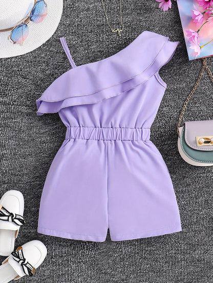 Adorable Girls' White One-Shoulder Romper Jumpsuit - Ruffled, Sleeveless, Summer Outfit for Kids - Breathable, Soft, Comfortable Clothing for Little Princesses