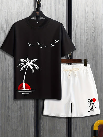 Mens 2Pcs Coconut Tree Print Outfit - Lightweight & Comfortable Casual T-Shirt & Drawstring Shorts Set - Perfect Summer Style with Quick-Dry Technology