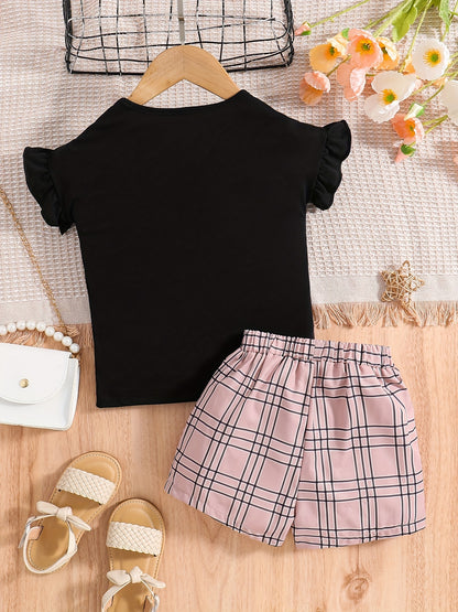 2pcs Girls Figure Graphic T-Shirts Round Neck Ruffle Sleeve Tees Top & Elastic Waist Bow Plaid Shorts Set Kids Summer Clothes