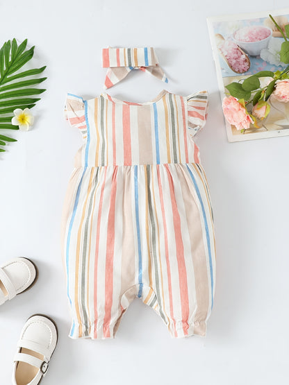 Baby Girls Striped Ruffled Romper Set with Bow Headband for Summer