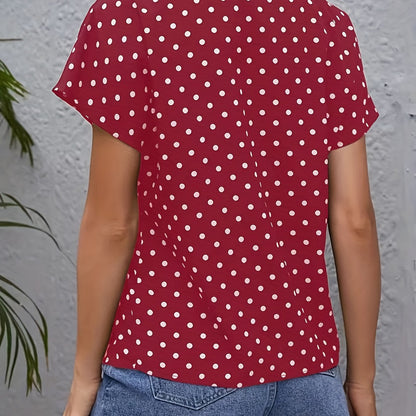 Women's Casual Fashion V-Neck Blouses - Polka Dot Print Short Sleeve Loose Fit Tops