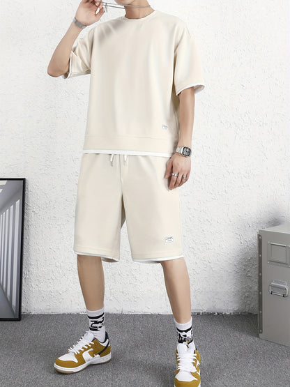 Men's 2 Piece Outfits, Solid Color, Faux Two-Piece Casual Graphic Crew Neck T-shirt And Loose Drawstring Shorts Set, Men’s Clothing