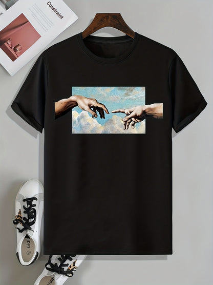 Mens Geometric Print Crew Neck T-Shirt - Soft Slight Stretch Polyester Fabric, Casual Short Sleeve Tee for Summer Spring Fall, Unique Applique Artwork, Machine Washable, Perfect Gift
