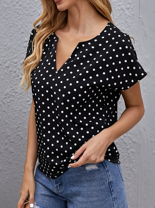 Women's Casual Fashion V-Neck Blouses - Polka Dot Print Short Sleeve Loose Fit Tops