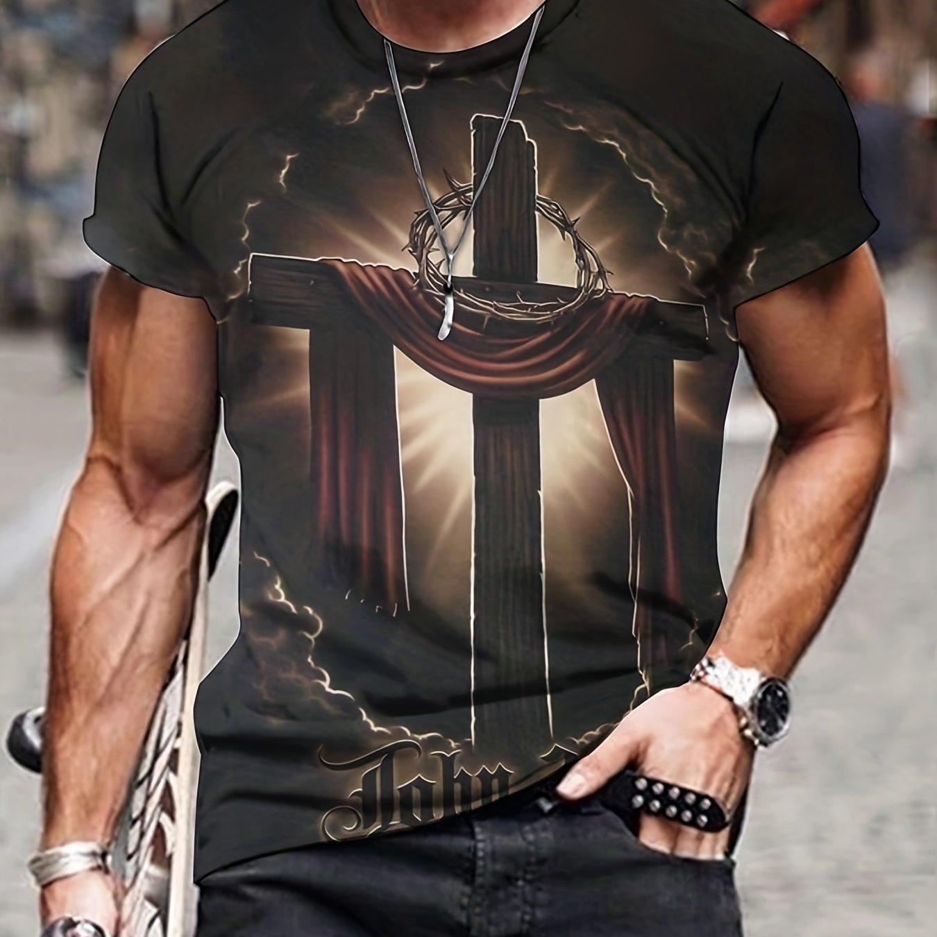 Crucifix Pattern All Over Print T-shirt, Men's Casual Mid Stretch Round Neck T-shirt For Spring Summer