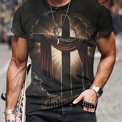 Crucifix Pattern All Over Print T-shirt, Men's Casual Mid Stretch Round Neck T-shirt For Spring Summer