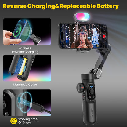 Smart X Pro Combo1 Gimbal Stabilizer - 3-Axis Professional Smartphone Stabilizer with RGB Fill Light, Extension Rod, OLED Display, Wireless Charging for iPhone 15/14/13 Pro Max, Galaxy S22, and More - Perfect for Smooth Video