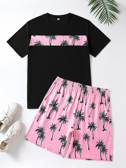 2Pcs Men's Palm Trees Print Casual Crew Neck Short Sleeve T-shirt And Drawstring Sweatpants Joggers Set For Summer