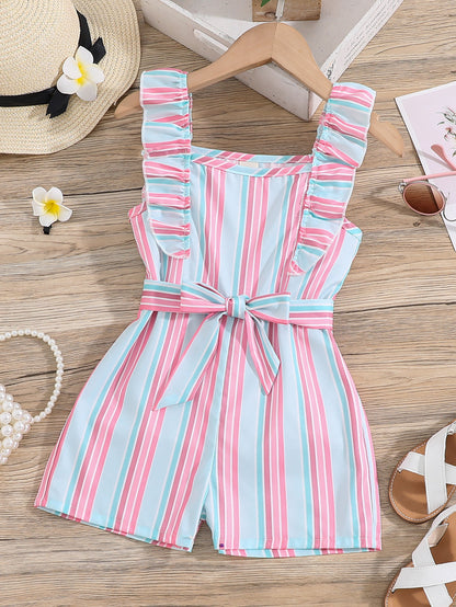 Girls Sleeveless Ruffle Trim Romper Striped Jumpsuit With Belt Kids Summer Clothes