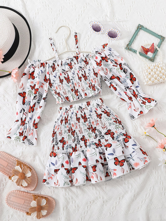 2pcs Toddler Girls Long Puff Sleeves Cold Shoulder Shirred Frill Trim Crop Top & Ruffled Hem Skirt Set Kids Spring Summer Clothes