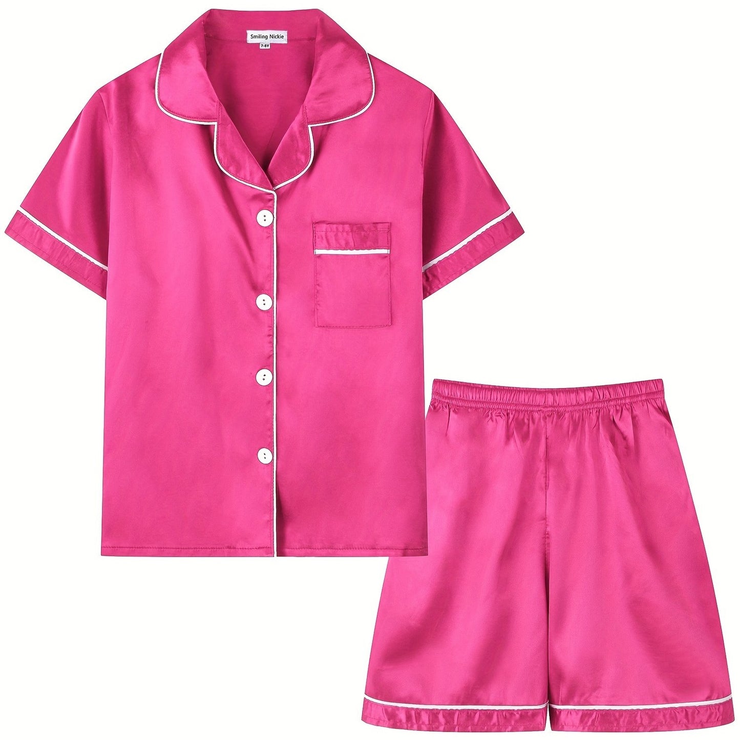 2pcs Girls Pajamas Outfit V-neck Button Casual Short Sleeve Top & Elastic Waist Shorts Set Kids Summer Clothes