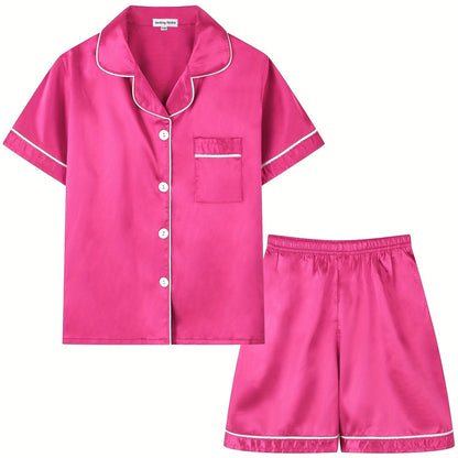 2pcs Girls Pajamas Outfit V-neck Button Casual Short Sleeve Top & Elastic Waist Shorts Set Kids Summer Clothes