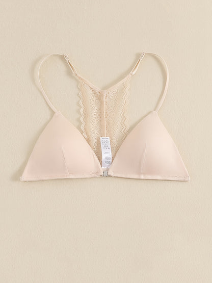 Triangle Cups Front Buckle Bras, Lace Stitching Beauty Back Bra With Removable Pads, Women's Lingerie & Underwear