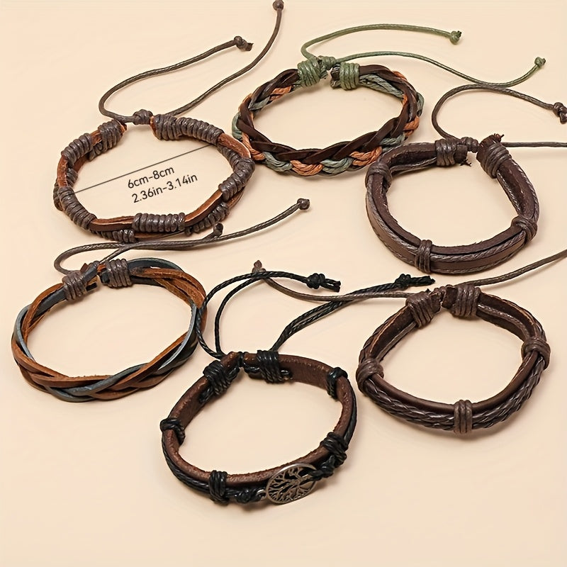 6pcs Retro Funky Men'S Alloy Combination Life Tree Faux Leather Braided Bracelet - Antique Golden Plated, Pendant Material: Alloy, Brand: HUANMING