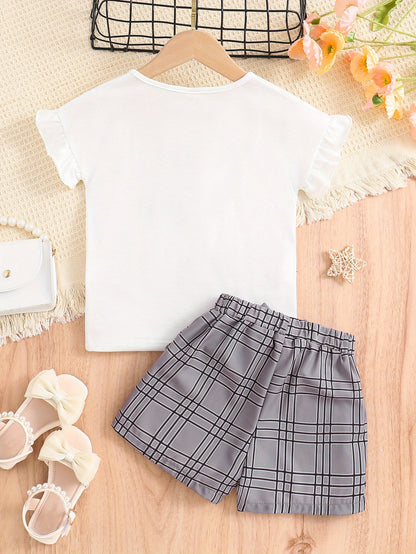 2pcs Girls Figure Graphic T-Shirts Round Neck Ruffle Sleeve Tees Top & Elastic Waist Bow Plaid Shorts Set Kids Summer Clothes