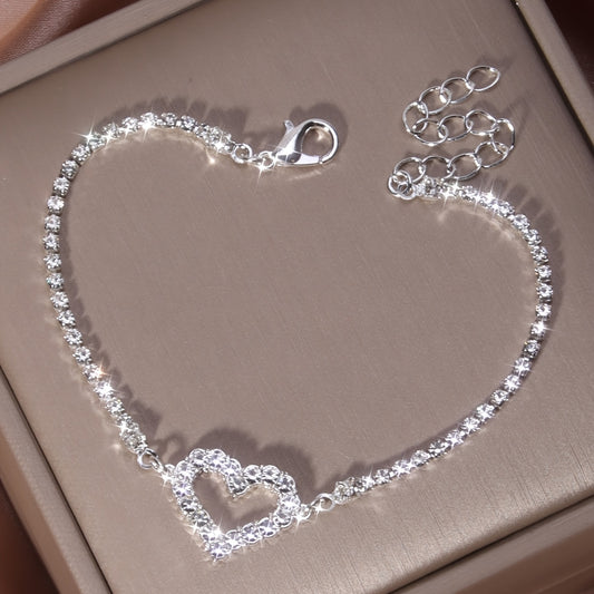 Valentines Day Theme Bracelet Hollow Heart Full Of Shiny Rhinestones Adjustable Chain Bracelet For Your Loved One