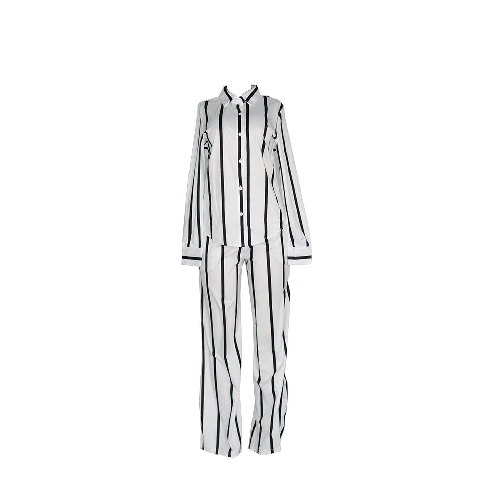 [Two-piece Set Long Sleeve Shirt] Striped Print Two-piece Set, Button Front Collar Long Sleeve Shirt & High Waist Wide Leg Loose Pants Set, Women's Clothing