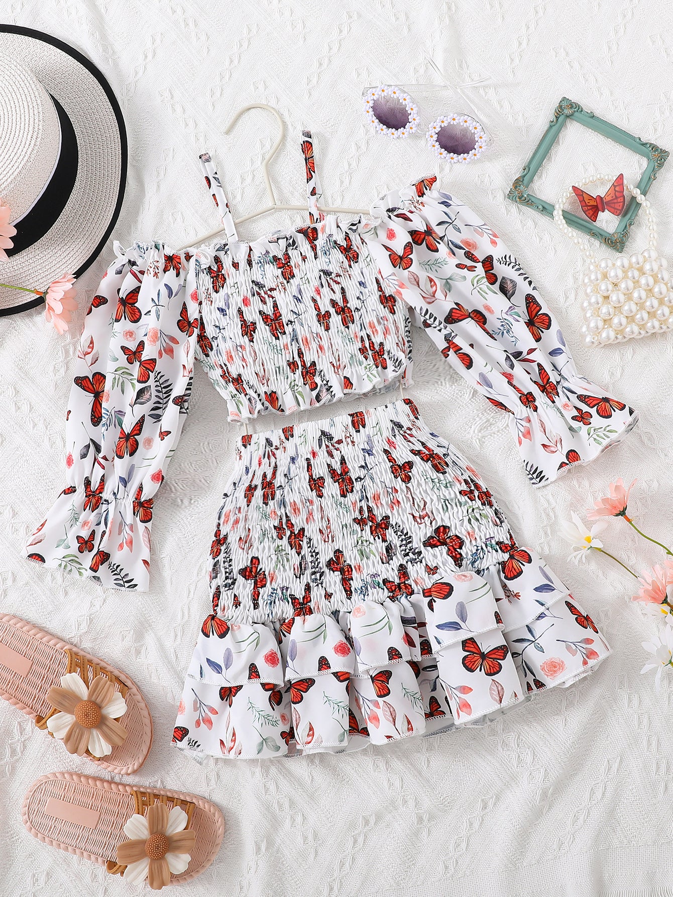 2pcs Toddler Girls Long Puff Sleeves Cold Shoulder Shirred Frill Trim Crop Top & Ruffled Hem Skirt Set Kids Spring Summer Clothes