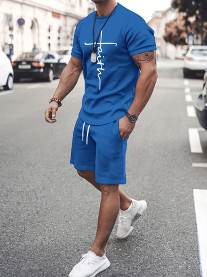 2 piece Men's 'Faith' Print Short Sleeve T-Shirt and Shorts Set - Comfortable Casual Loungewear for Summer