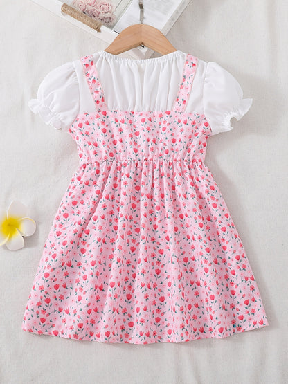 Toddler/ Kid Girls Cute Floral Dress Suit - Short Sleeve Patchwork A-line Dress + Pretty Heart Shaped Bag Set Kids Summer Clothes