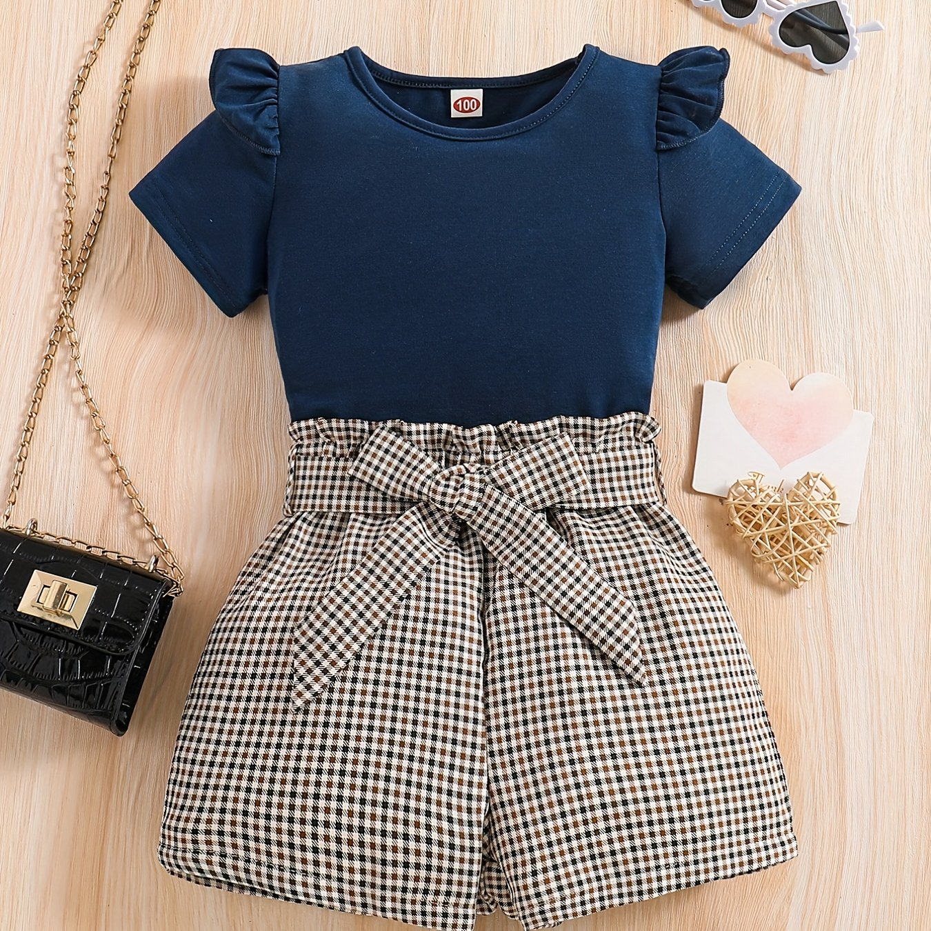 2pcs Girls Round Neck T-Shirt Ruffles Short Sleeves Tee Tops & Belted Plaid Shorts Set Summer Clothes