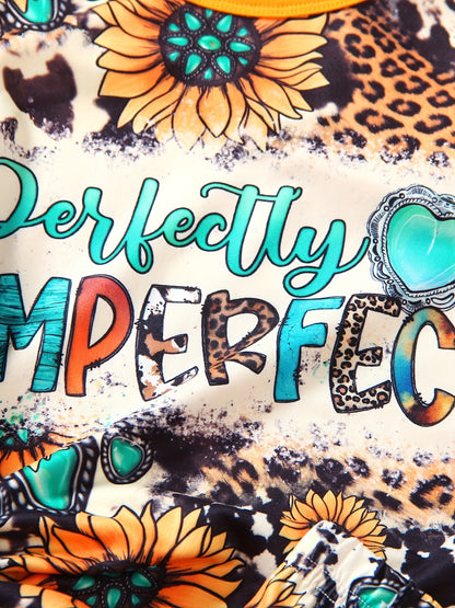 Girls 2pcs T-shirt & Elastic Waist Shorts PERFECTLY IMPERFECT Sunflower Print Crew Neck Short Sleeve Tee Top Casual Kids Clothes Summer