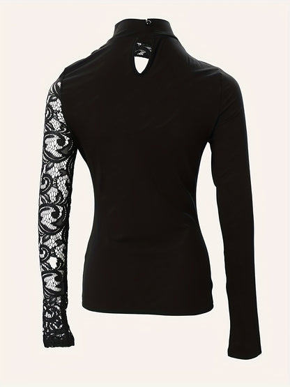 Cutout Lace Stitching T-Shirt, Casual Mock Neck Long Sleeve Top For Spring & Summer, Women's Clothing