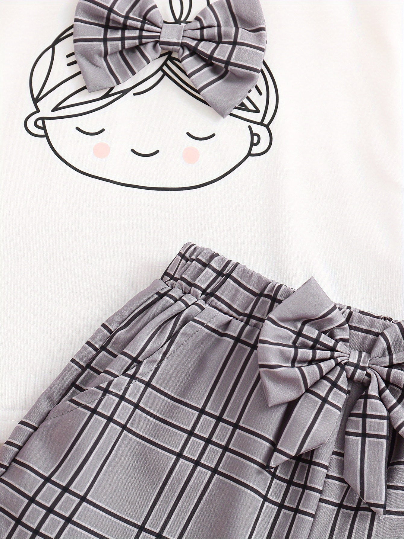 2pcs Girls Figure Graphic T-Shirts Round Neck Ruffle Sleeve Tees Top & Elastic Waist Bow Plaid Shorts Set Kids Summer Clothes