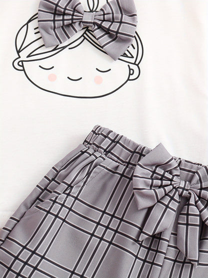 2pcs Girls Figure Graphic T-Shirts Round Neck Ruffle Sleeve Tees Top & Elastic Waist Bow Plaid Shorts Set Kids Summer Clothes